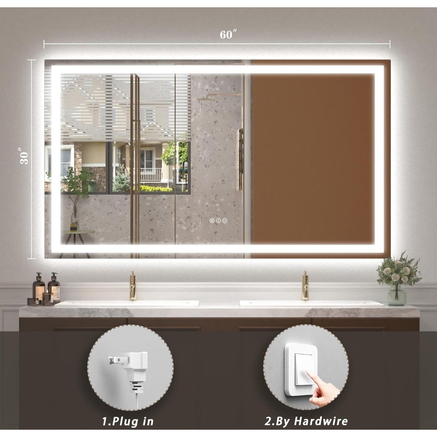60x30 Lighted Bathroom Mirror for Wall, LED Illuminated Vanity Mirror with Lights, Dimmable, Anti