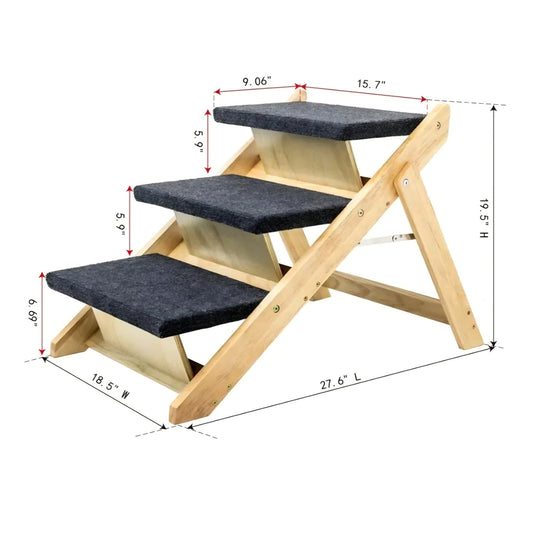 Wood Pet Stairs/Steps, 2-in-1 Foldable Dog Steps for Bed, Sofa, Couch and Cars, 3 Levels Dog/Cat