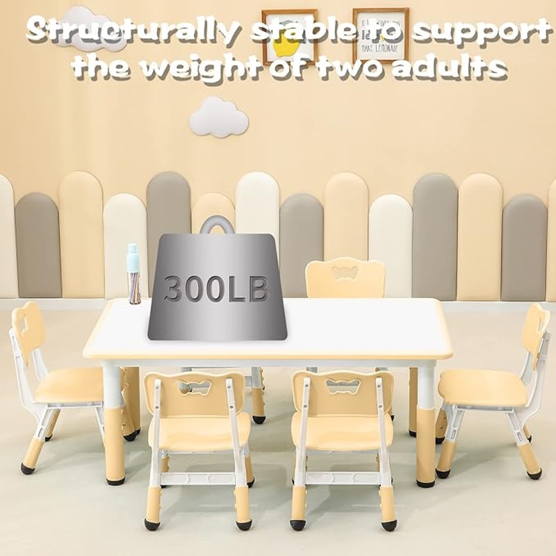Children's Table & Chair Set Suitable, Age 2-12 Height, Adjustable Table top,  6 Seats(Wood Color)