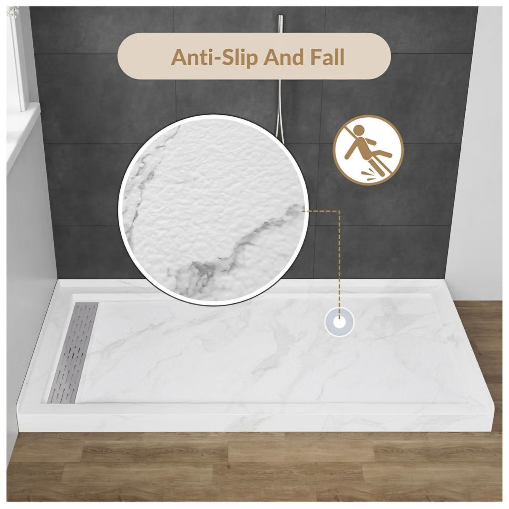 MORVANO 60 x 32 Shower Base with Single Threshold Rectangular Left Drain Location Shower