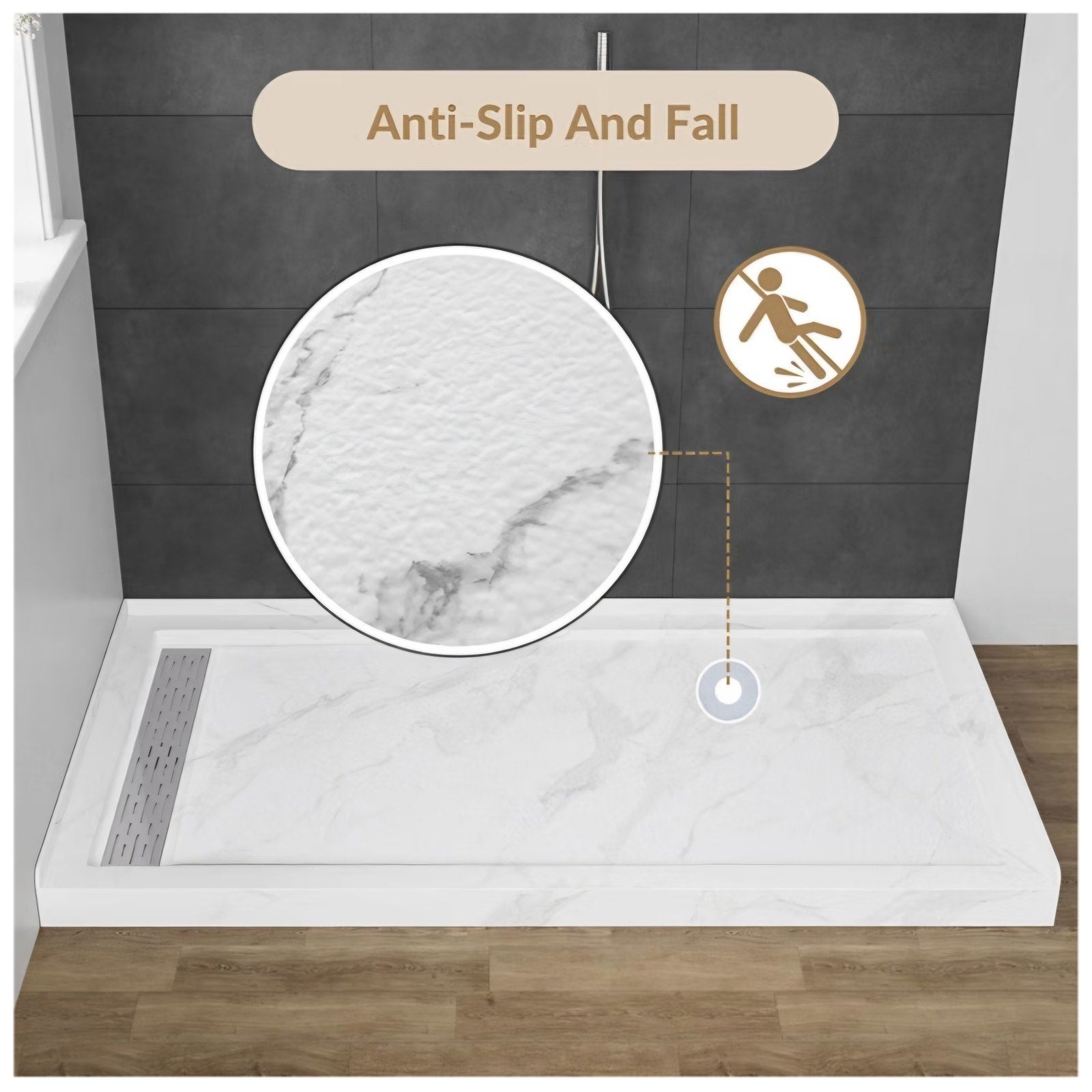MORVANO 60 x 32 Shower Base with Single Threshold Rectangular Left Drain Location Shower