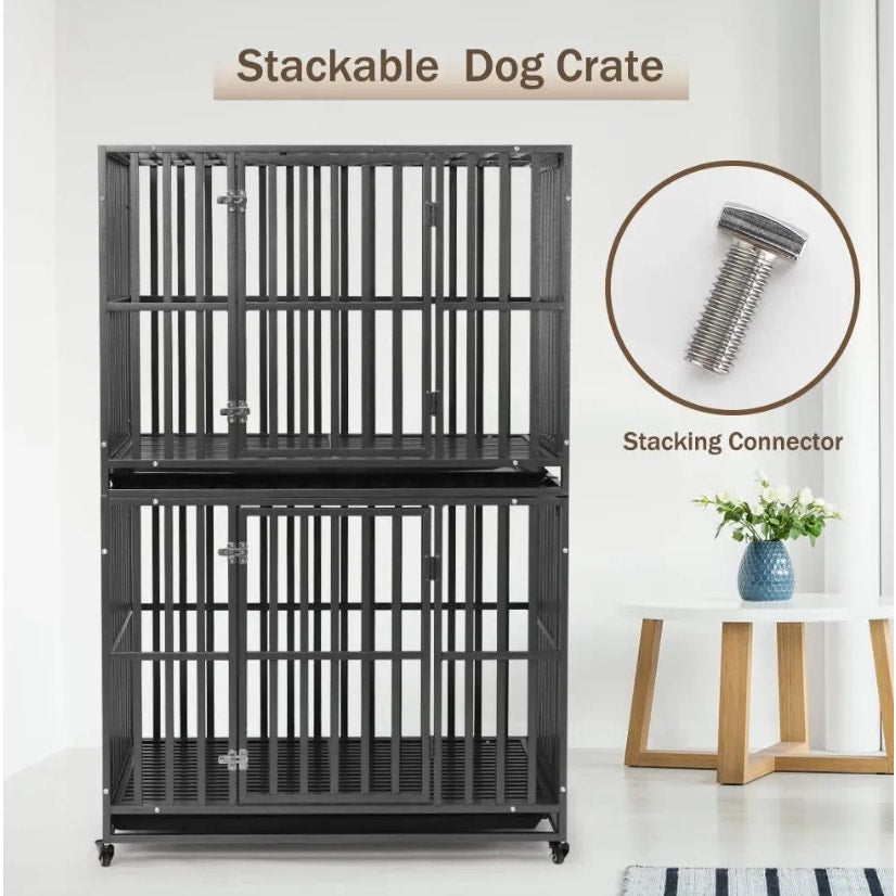 LUCKUP Heavy Duty Dog Cage - with 2 Doors and 4 Wheels