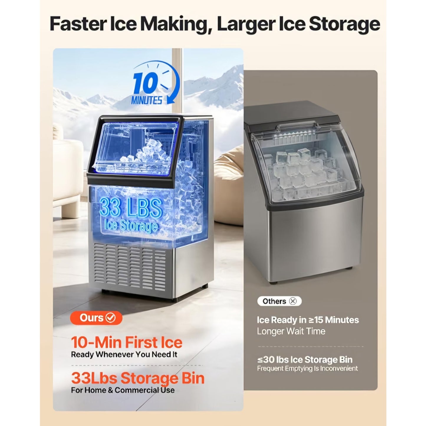 VEVOR Commercial Ice Maker Machine, 120 lbs/24H Ice Production, 19-33 lbs Storage Bin, 45 Cubes per