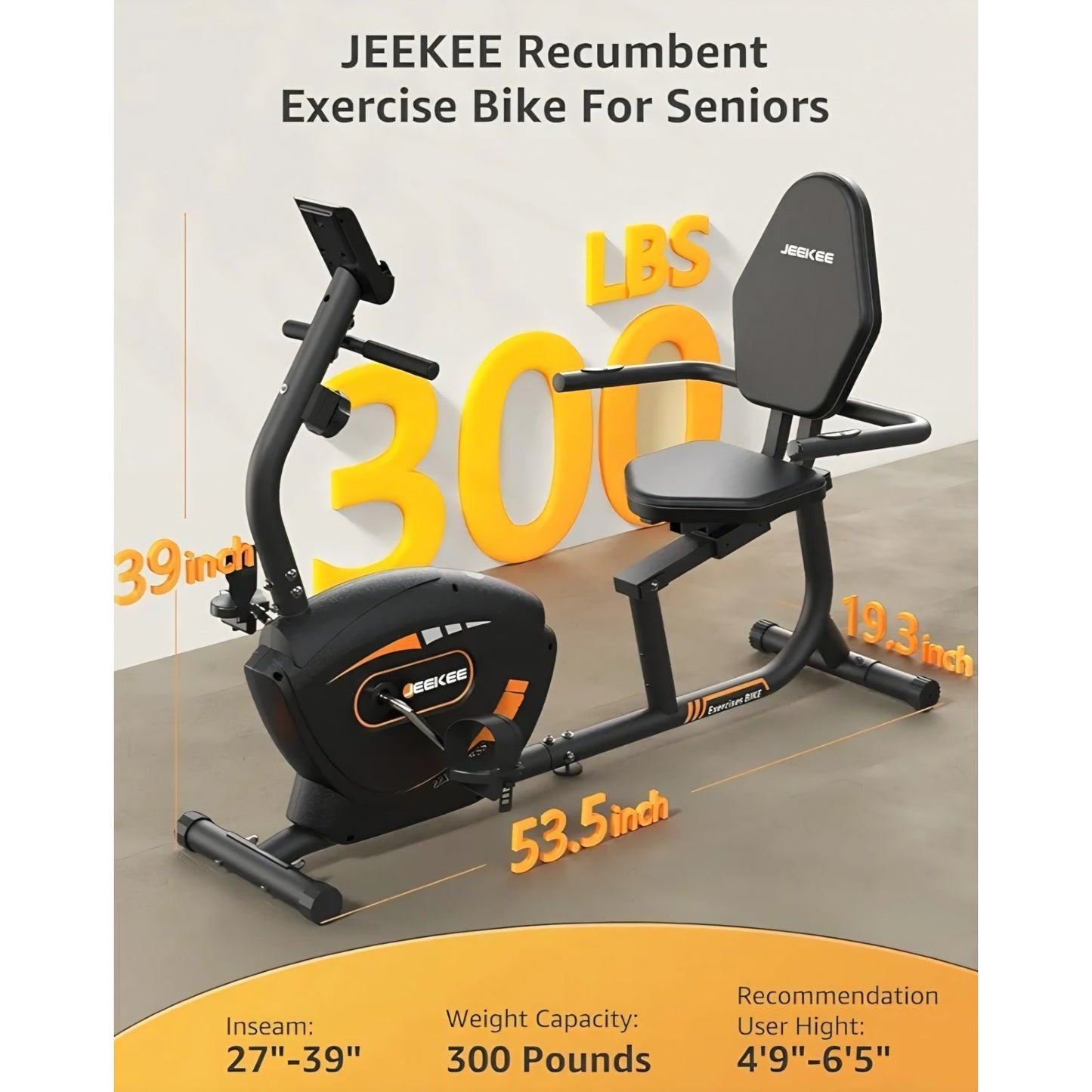 JEEKEE Recumbent Exercise Bike for Seniors,Stationary Bikes for Home, 300LB Capacity & 16 Levels