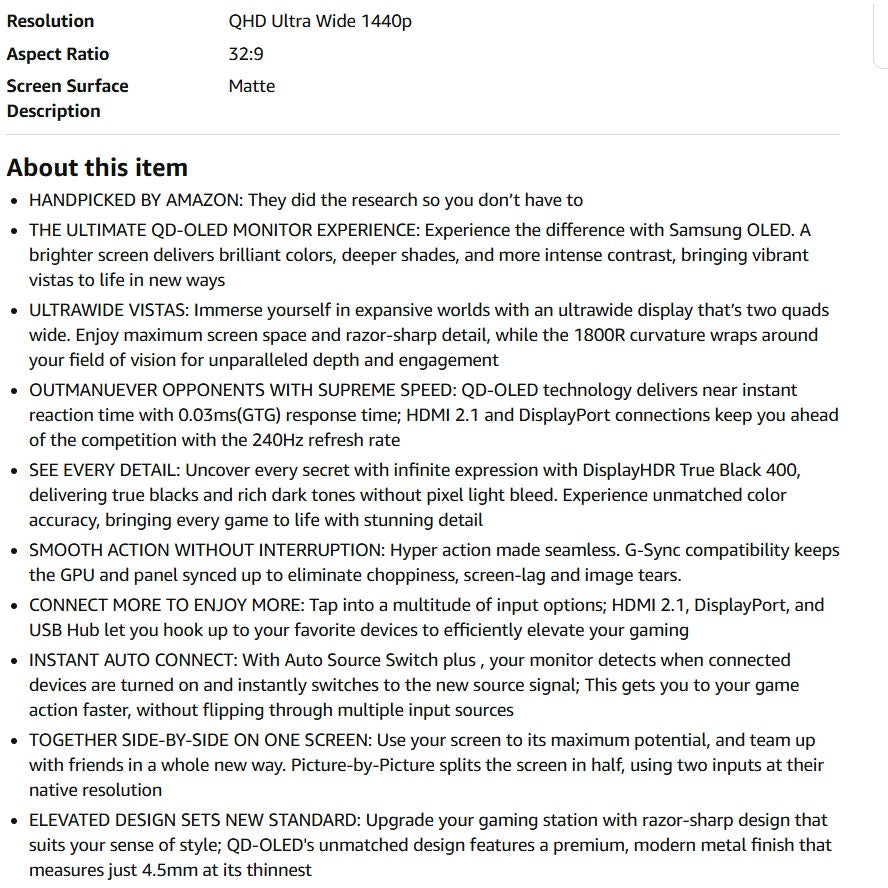 Samsung 49" Odyssey G93SC Series Curved Gaming Monitor, QD-OLED, 240Hz, 0.03ms, DQHD, G-Sync Comp.