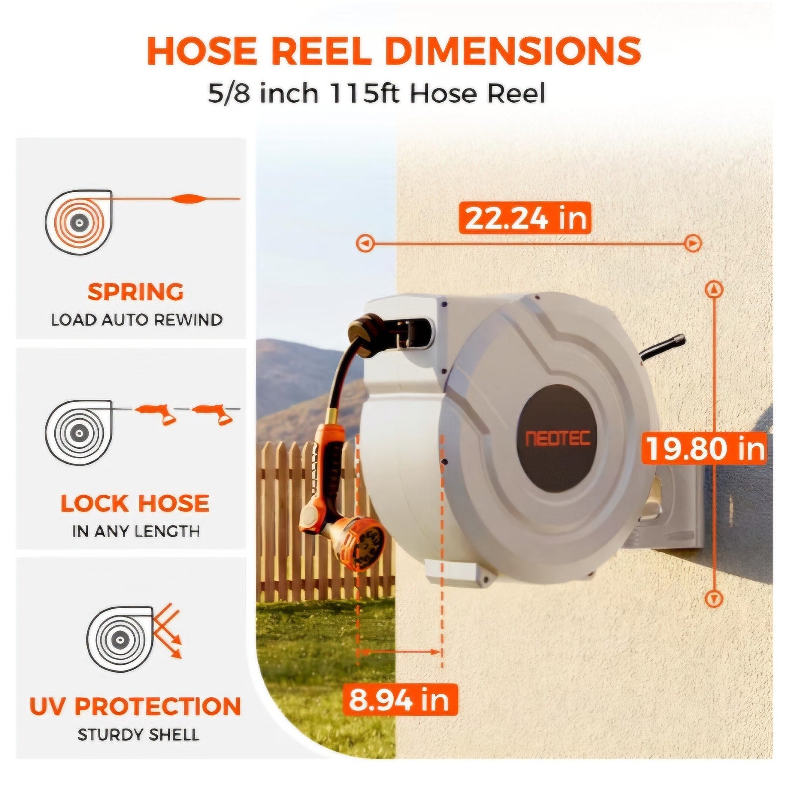 NEO-TEC 115ft 5/8" Retractable Garden Hose Reel with Auto Rewind Any Length Lock Heavy Duty Hose