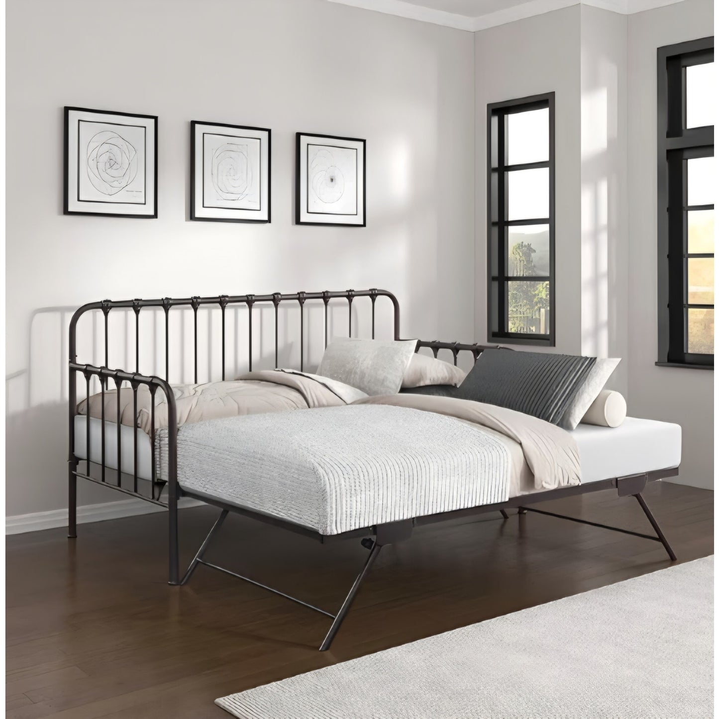 Twin bed Metal Daybed with Trundle Mattress Foundation with Steel Slat Support, Easy Assembly