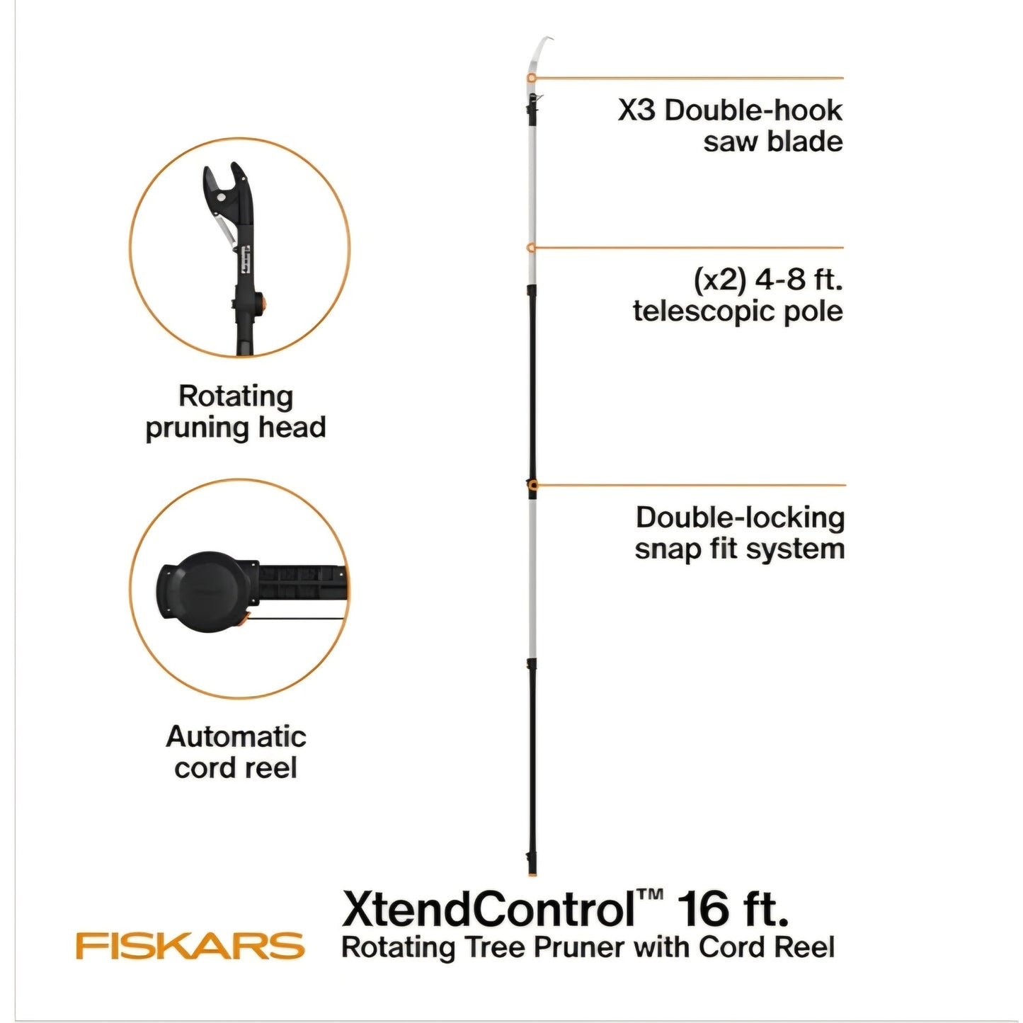 Fiskars XtendControl 16' Tree Pruner Kit with Rotating Pruner Head, 15" X3 Double-Hooked Saw