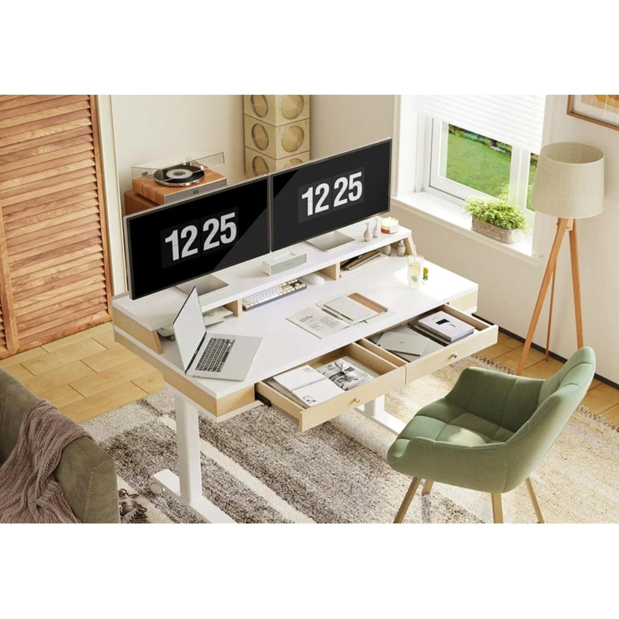 Claiks Electric Adjustable Standing Desk with Drawers, Sit Stand Up Desk with Storage Shelves