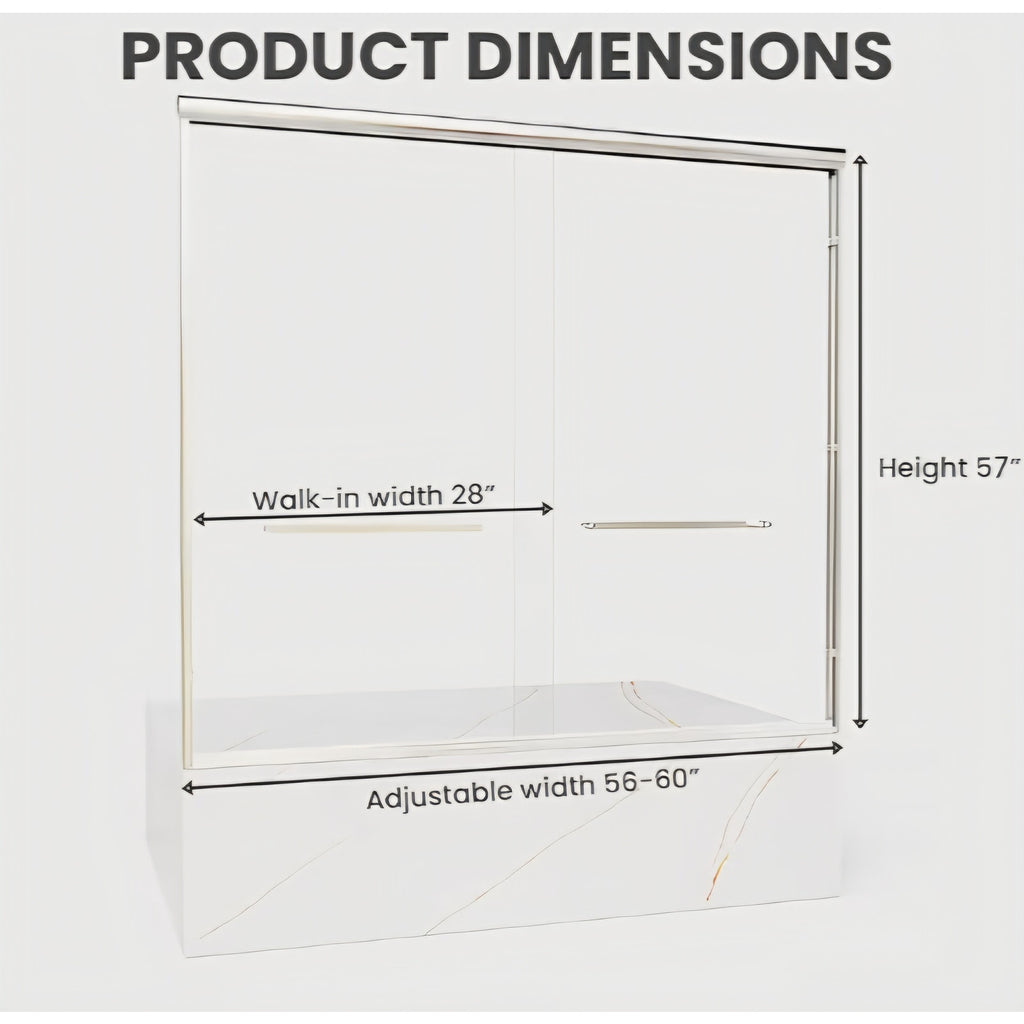 Bathtub Shower Doors, 57-60'' W x 57'' H, Semi-Frameless Double Sliding Tub Shower Door, 1/4 Inch