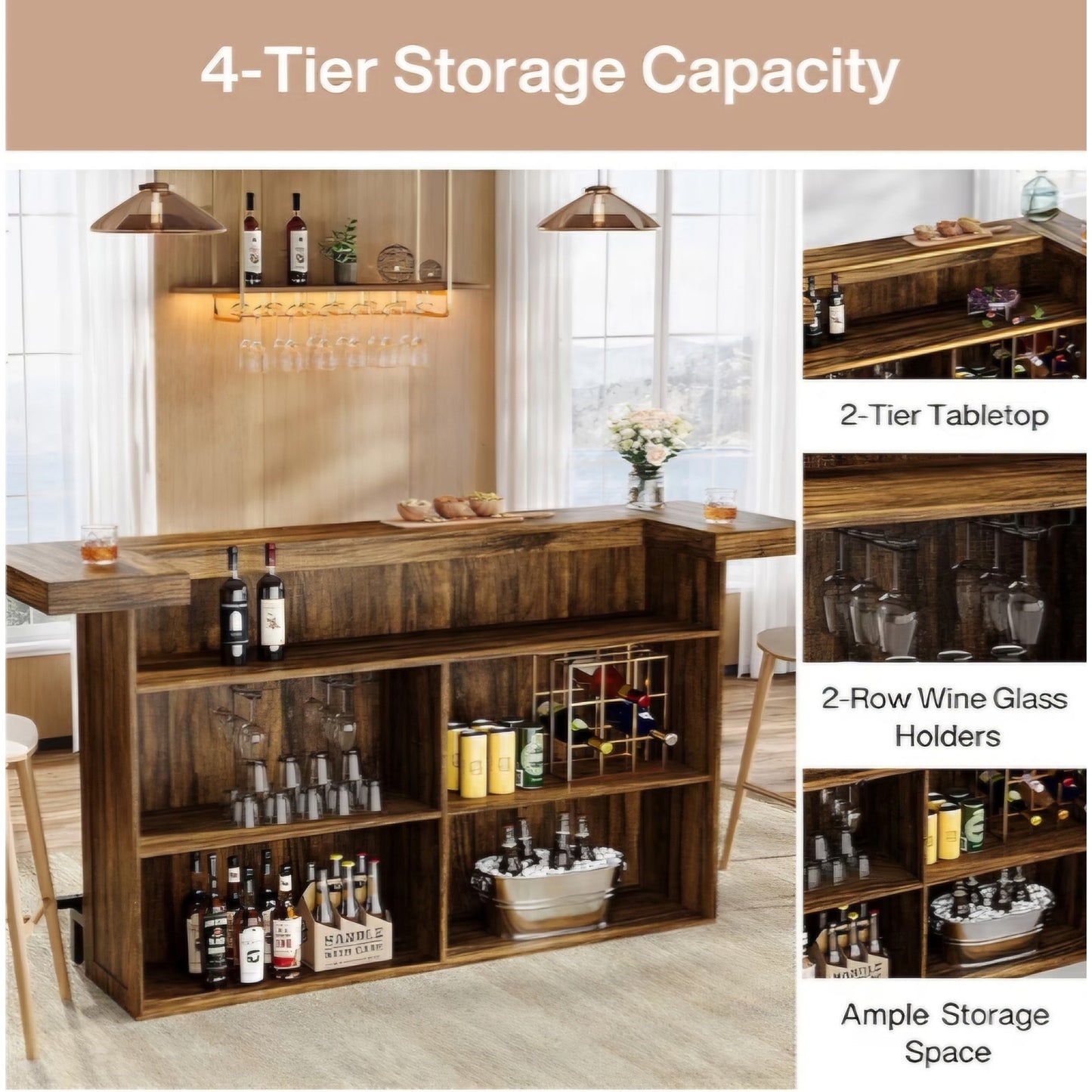 Tribesigns 4-Tier Bar Table, 70.9-Inch Large Wood Home Bar Unit with Wine Glass Holder