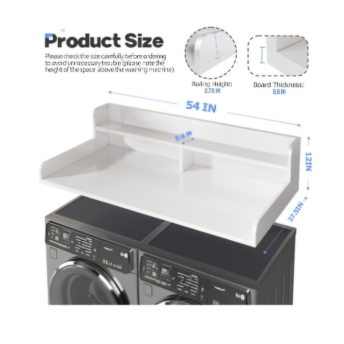 2-Tier Washer and Dryer Countertop with 2.75" H Guard,54" W x 27.5" D Laundry Countertop