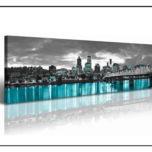 Portland Framed Wall Art Canvas - Black and White City Skyline Wall Decorations for Bedroom 14"X48"
