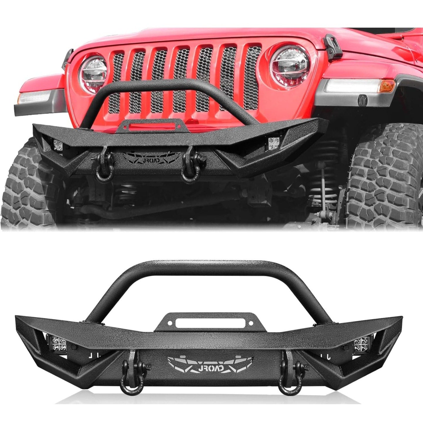 JROAD Compatible with Jeep Wrangler, Front Bumper W/LED Lights, 2 x D-Rings, Winch Plate,2018-2025J