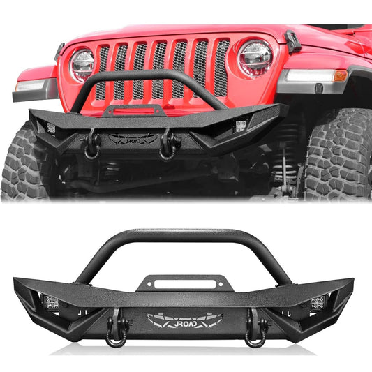 JROAD Compatible with Jeep Wrangler, Front Bumper W/LED Lights, 2 x D-Rings, Winch Plate,2018-2025J
