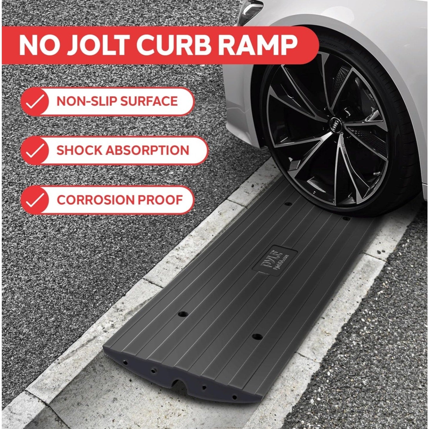 Pyle Car Vehicle Curbside Driveway Ramp - 4ft Heavy Duty Rubber Threshold Bridge Tracks Curb Ramps, 2 Pieces Set (for Car, Truck, Scooter, Bike, Motorcycle, Wheelchair Mobility), Black