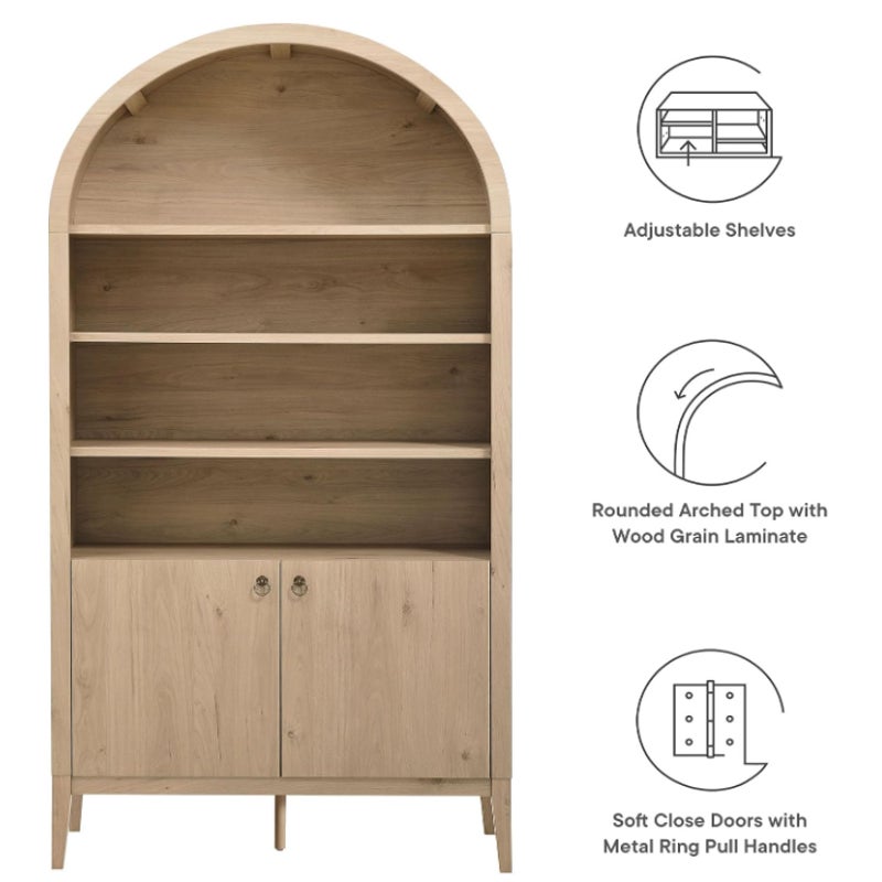 Modway Nolan Tall Arched Storage Display Cabinet in Light Oak - 74 Inch Arch Bookshelf