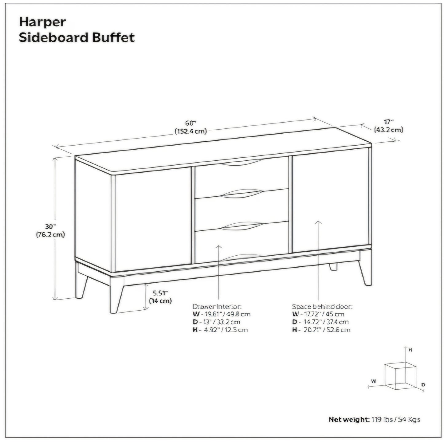 Harper Buffet - 60 inch Wide Solid Hardwood 3-Door Sideboard Buffet in Teak Brown, Mid-Century Mode