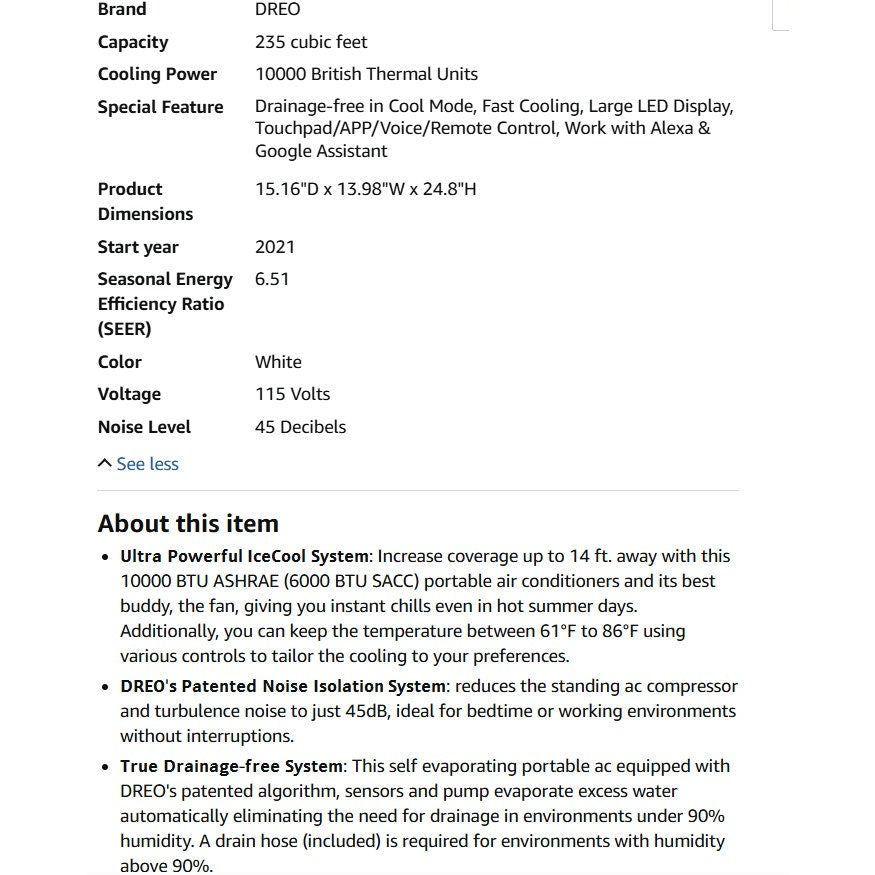 DREO Portable Air Conditioner 319S, 10000 BTU ASHRAE, 6000 BTU DOE, APP/Voice/Remote,  Room Indoors