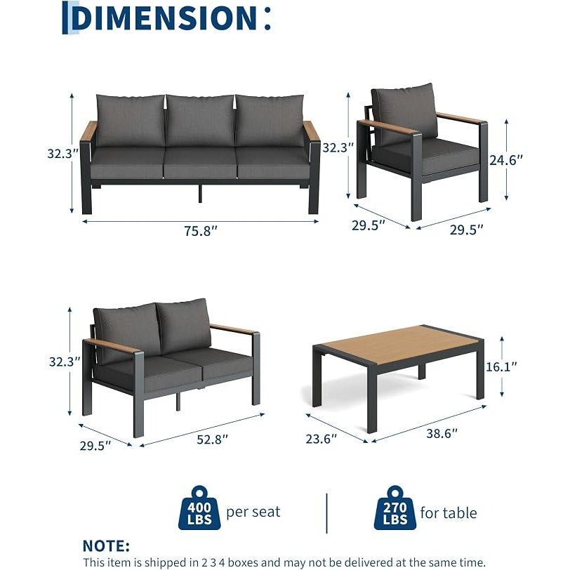 Garvee Aluminum Patio Furniture Set 4 Seats, Generous Outdoor Sectional, Washable Thick. Dark Grey