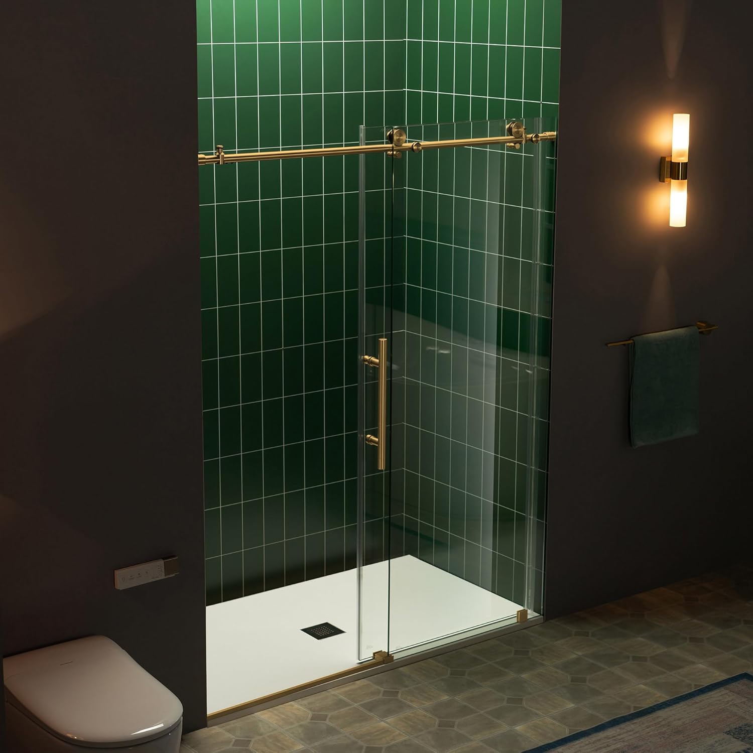 Woodbridge 57.5-60" W x 80" H Frameless Single Sliding Soft-Close Shower in Brushed Gold Finish