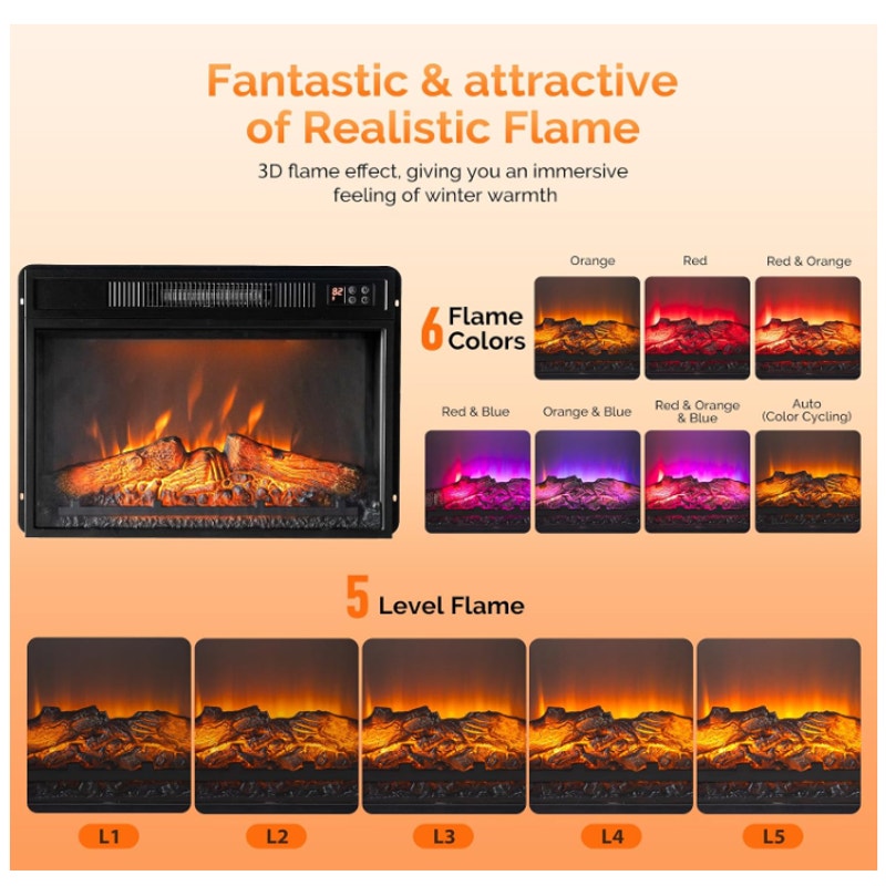 ROVSUN 23" Electric Fireplace Inserts with APP & Remote Control, 1400W Recessed Stove Heater