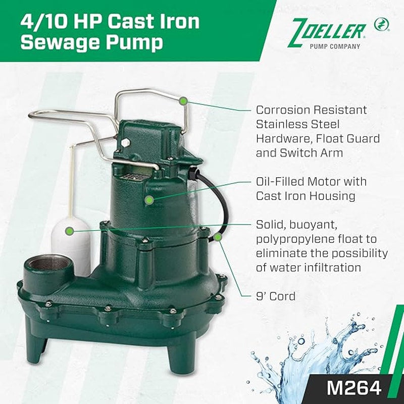 Zoeller M264 Waste-Mate Sewage Pump, 4/10th Horsepower, 115V