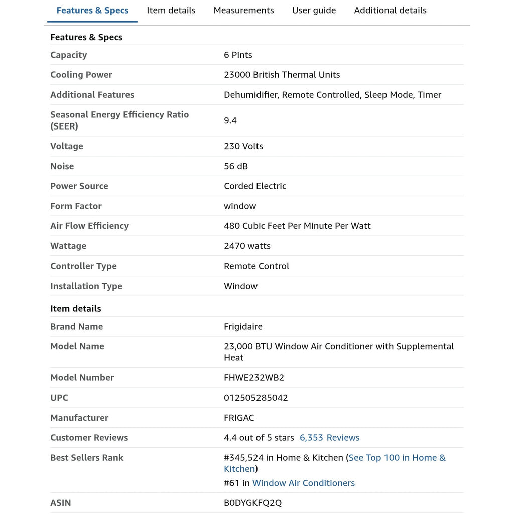 Frigidaire 23,000 BTU Window Air Conditioner with Supplemental Heat, Dehumidifier, and Remote,