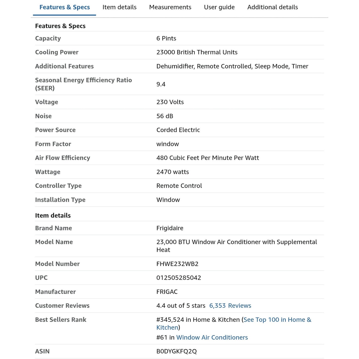 Frigidaire 23,000 BTU Window Air Conditioner with Supplemental Heat, Dehumidifier, and Remote,