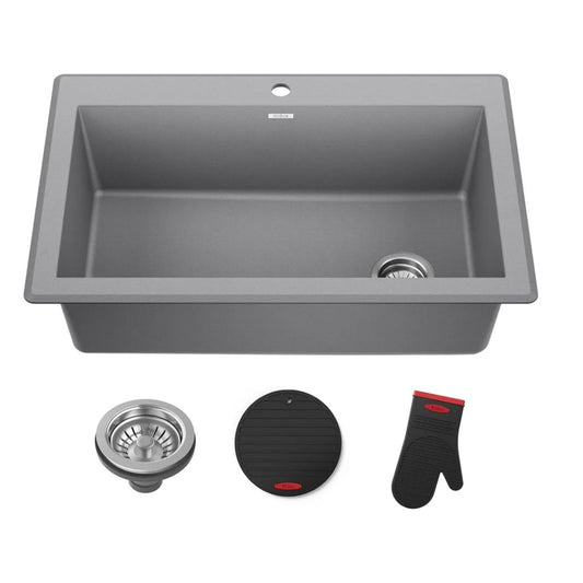 KRAUS Forteza 33-inch Drop In/Undermount Single Bowl Granite Kitchen Sink in Grey, KGD-54GREY
