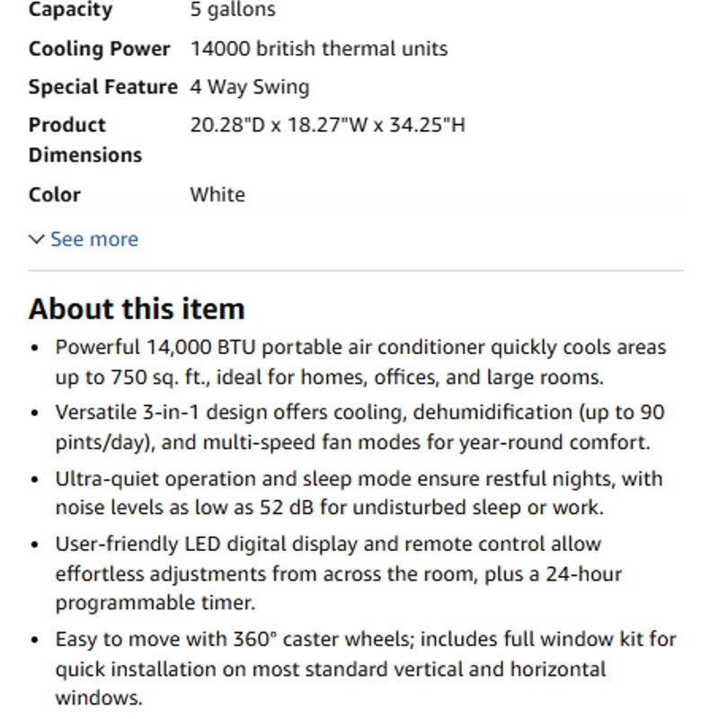 14000 BTU Portable Air Conditioners, 3-in-1 AC Unit with Dehumidifier & Fan, Quiet 53dB Operation