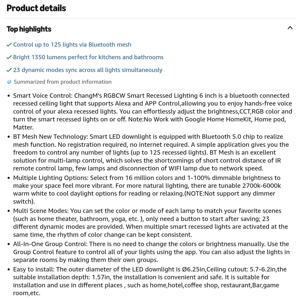 Recessed Lighting 6 Inch RGBCW Color Changing Smart Recessed Ceiling Lights 16W 1350LM LED