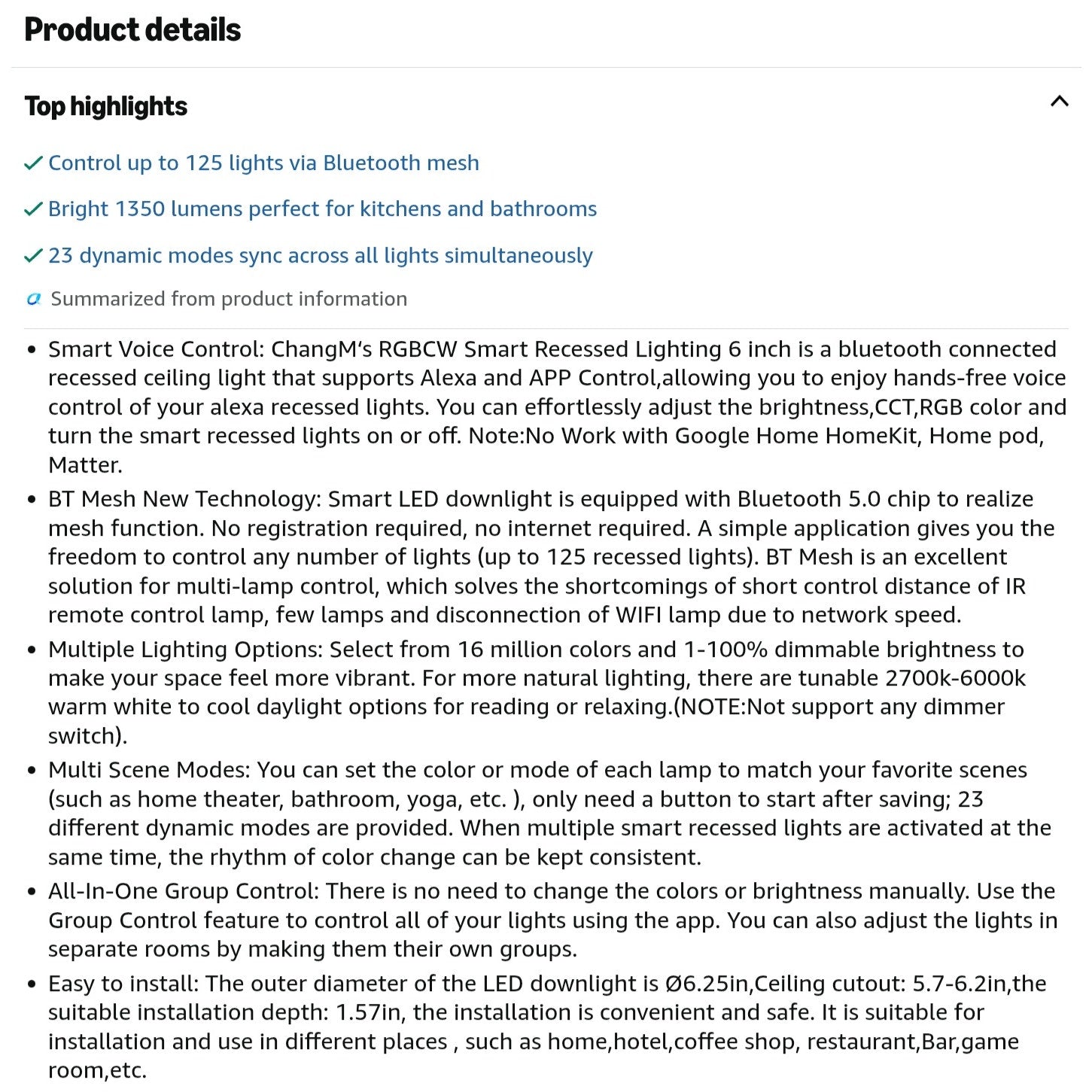 Recessed Lighting 6 Inch RGBCW Color Changing Smart Recessed Ceiling Lights 16W 1350LM LED