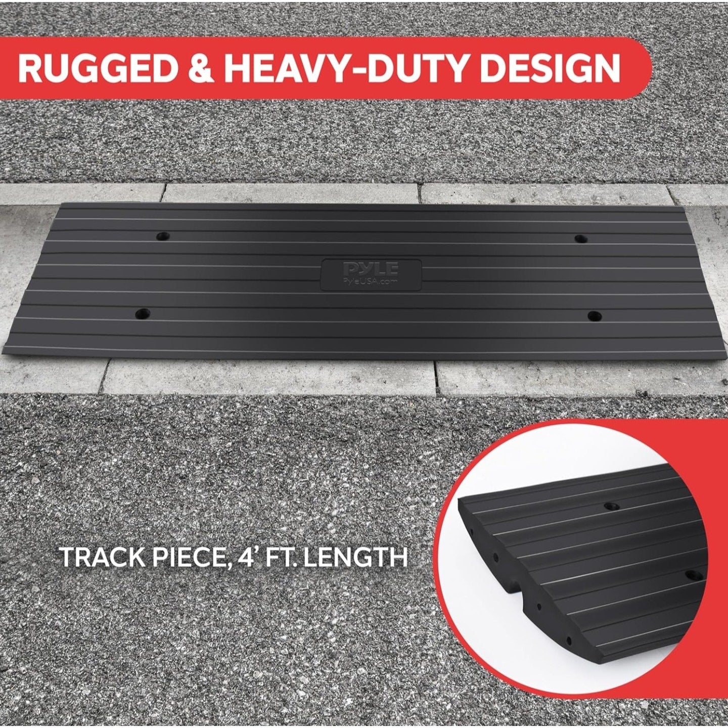Pyle Car Vehicle Curbside Driveway Ramp - 4ft Heavy Duty Rubber Threshold Bridge Tracks Curb Ramps, 2 Pieces Set (for Car, Truck, Scooter, Bike, Motorcycle, Wheelchair Mobility), Black
