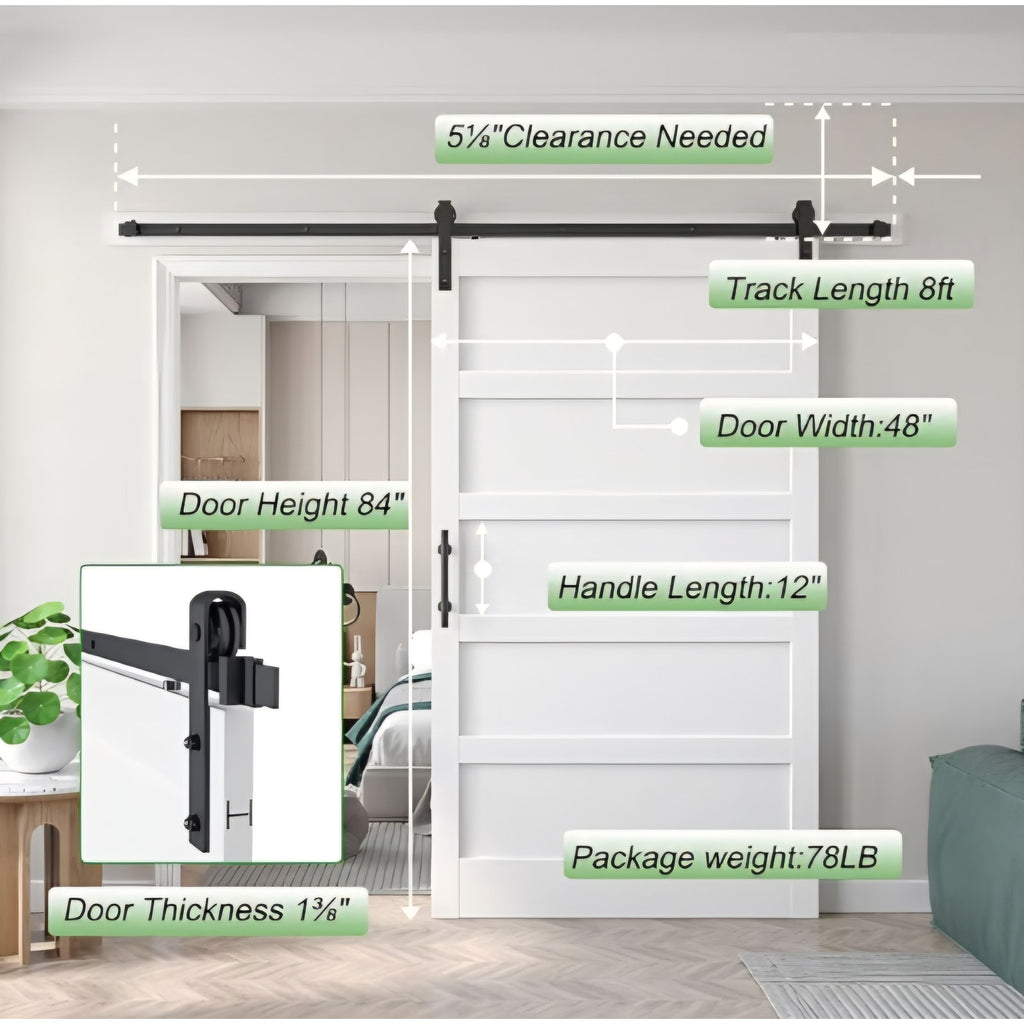 48x84 inch White Barn Door with 8FT Sliding Door Hardware Kit Included & Handle,MDF,Solid PVC