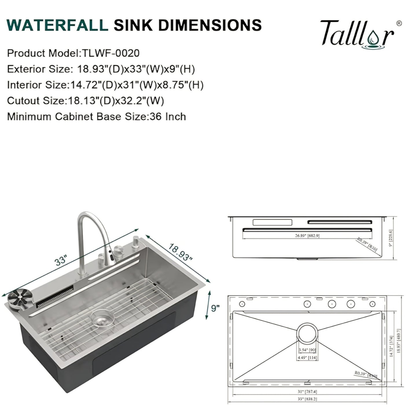 33 Inch Luxury Waterfall Kitchen Sink - Drop In Smart Kitchen Sink 33x22 Multifunctional Workstatio