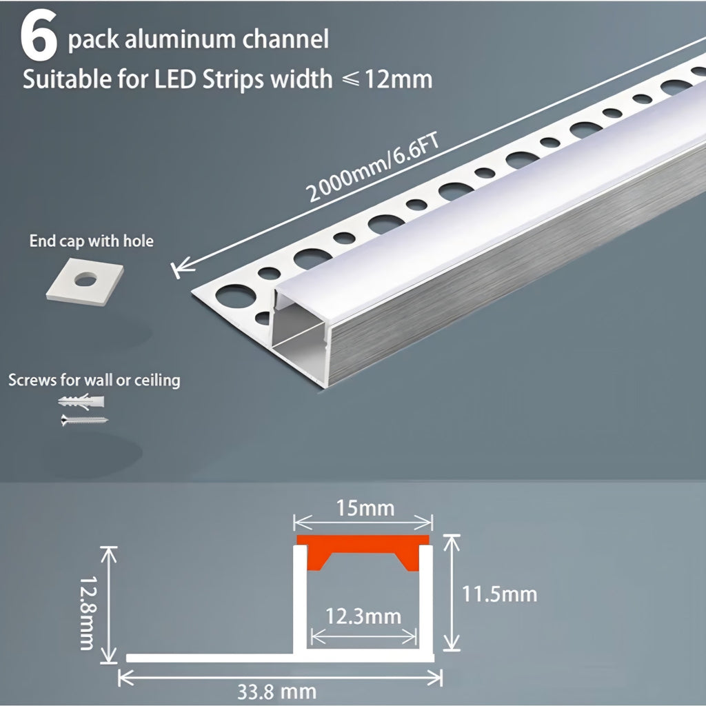 6 Pack Plaster-in LED Channel 6.6FT Recessed Drywall Aluminum Lighting Track,Trimless Strip Profile