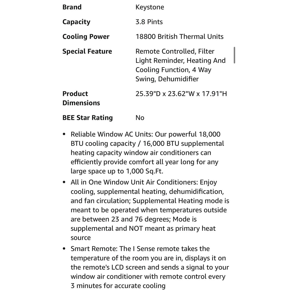 Keystone 18,800 BTU Window-Wall Air Conditioner with 16,000 BTU Supplemental Heating