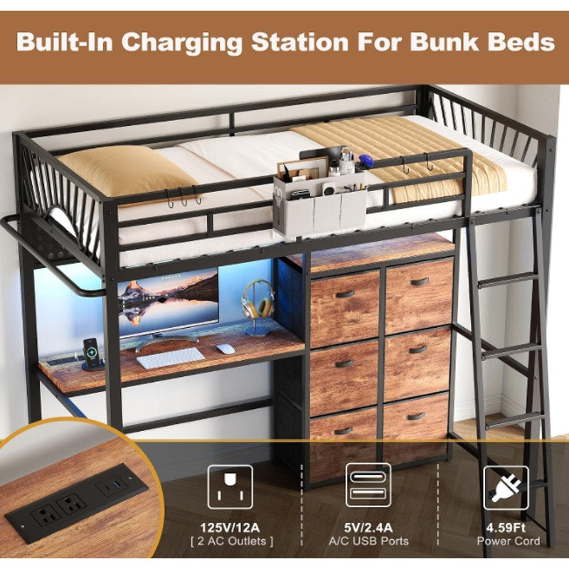 Decofy Twin Loft Bed with Desk and 6 Storage Drawers, Metal Loft Bed Twin Size