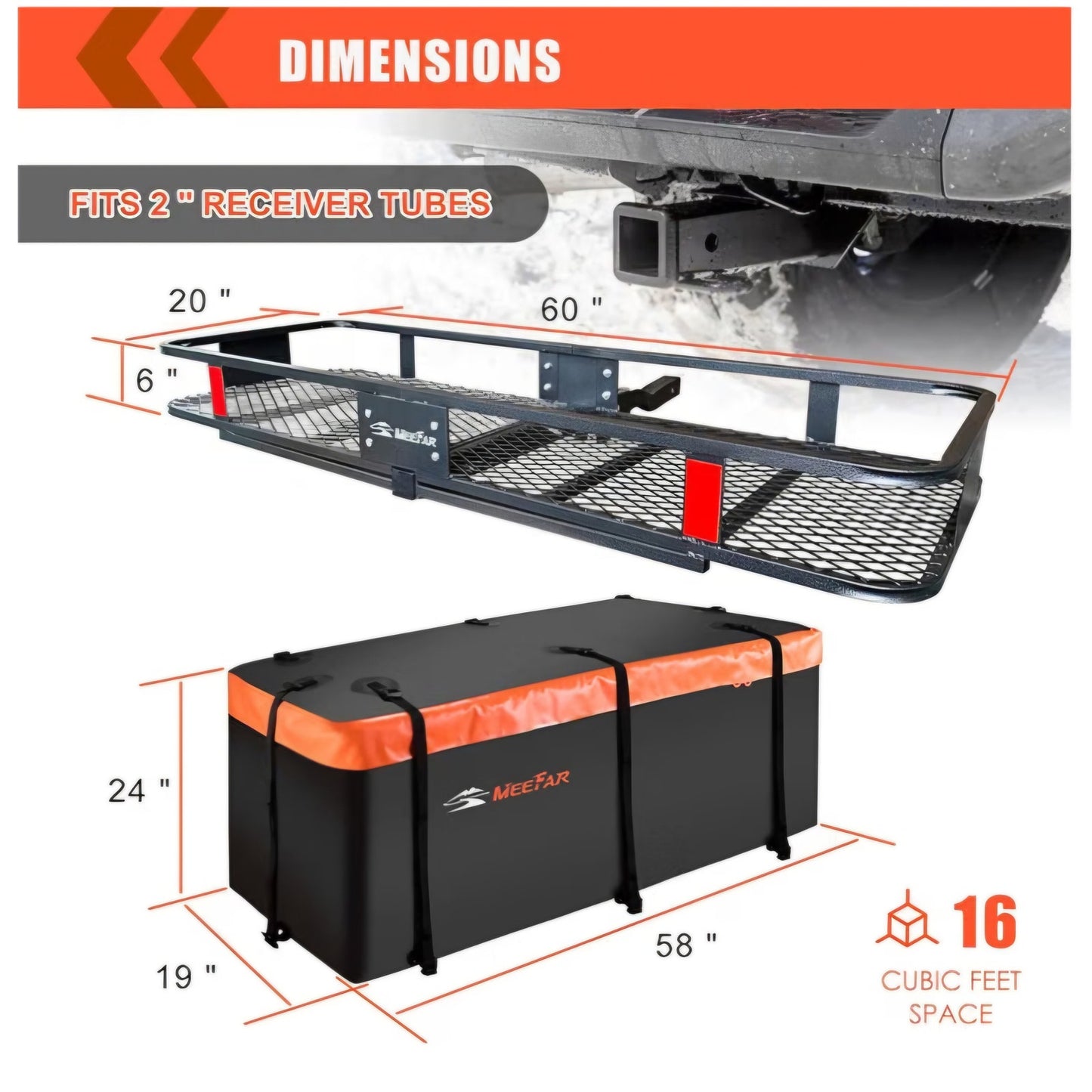 Hitch Mount Cargo Carrier Rack Basket 60"*20"*6"+Waterproof Bag 16 Cu.Ft.