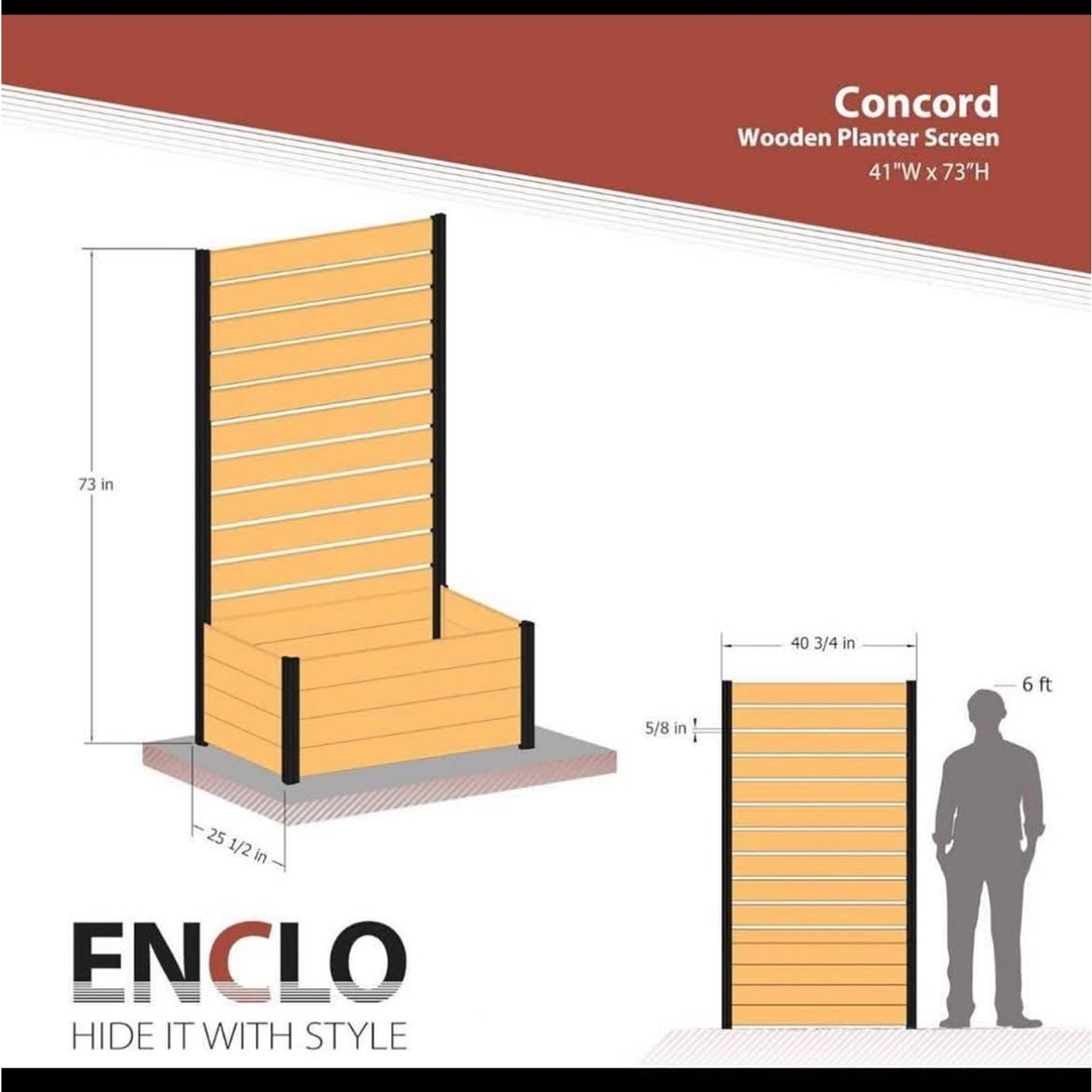 6ft H x 3.3ft W x 2.1ft L (1 Screen w/Planter) Freestanding Enclo Concord Cedar Wood Privacy Fence S