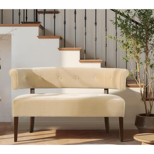 Jennifer Taylor Home Jared Roll Arm Tufted Bench Settee with Back, Fawn Brown Performance Velvet