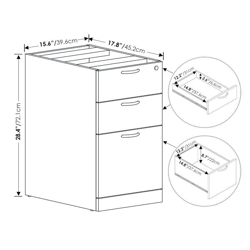 Furinno Roger File Cabinet, 3-Drawer Fixed Pedestal Filing Cabinet with Lock