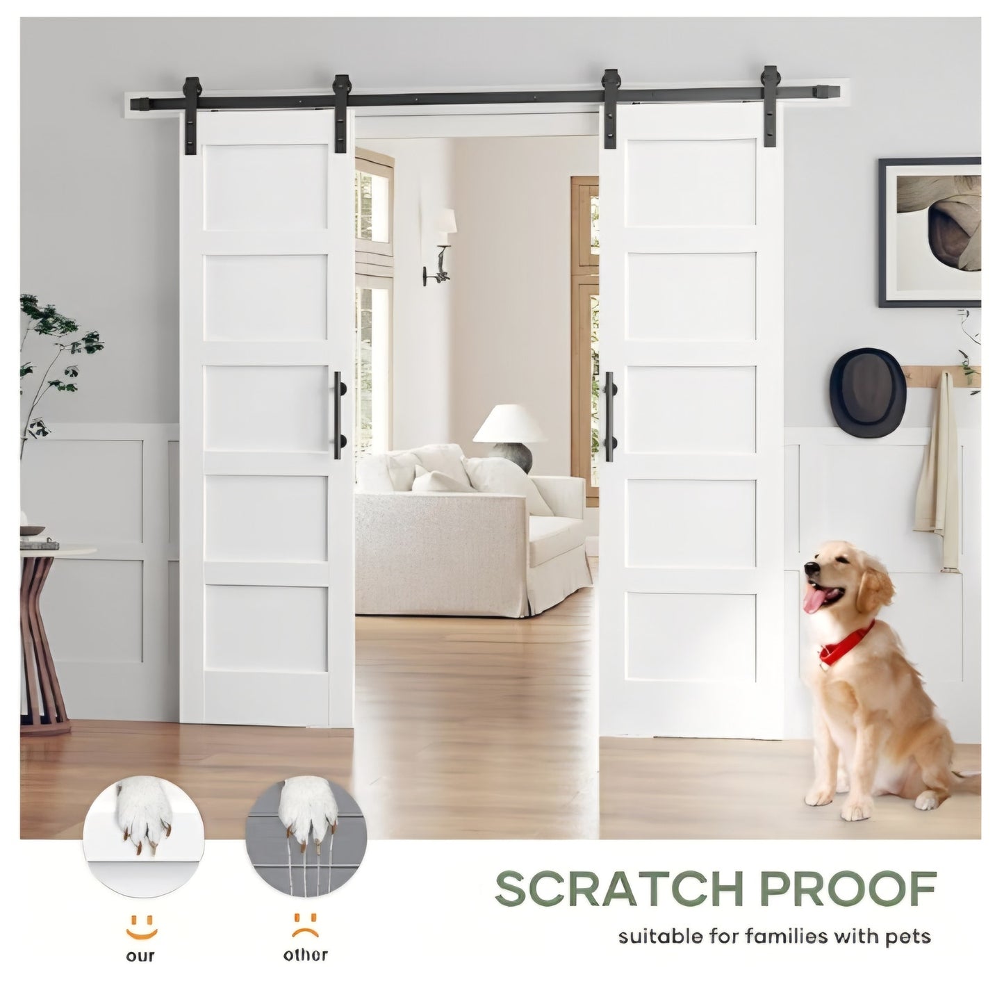Double 24×84 Inch White Sliding Barn Door Slab with 8ft Hardware Kit Included, 5-Panel