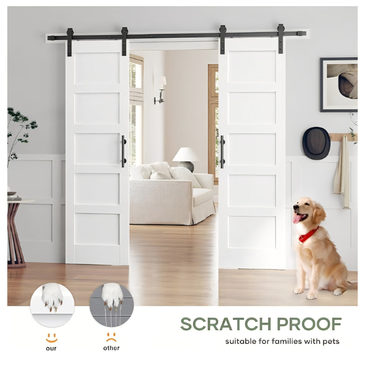 Double 24×84 Inch White Sliding Barn Door Slab with 8ft Hardware Kit Included, 5-Panel