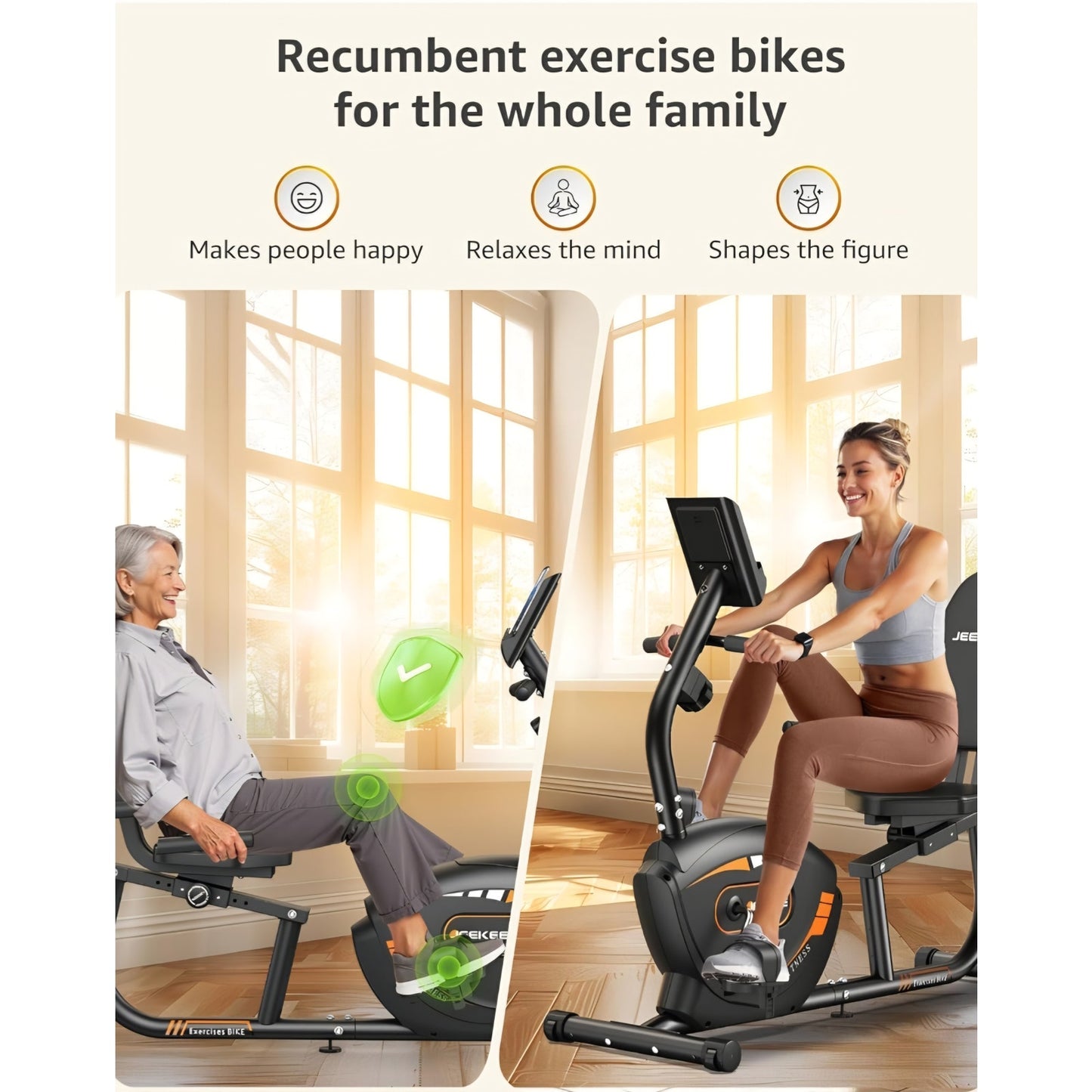 JEEKEE Recumbent Exercise Bike for Seniors,Stationary Bikes for Home, 300LB Capacity & 16 Levels