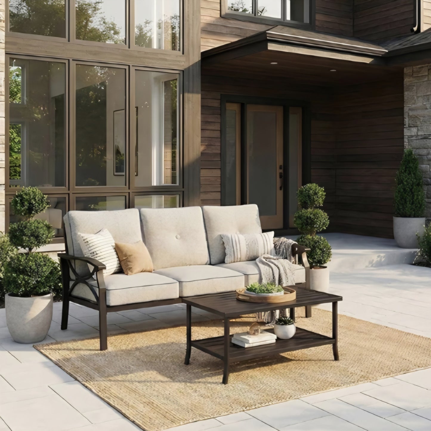 Outdoor Patio Furniture Set, 2 Piece Patio Conversation Set, Metal Furniture Set with 3 seat Sofa