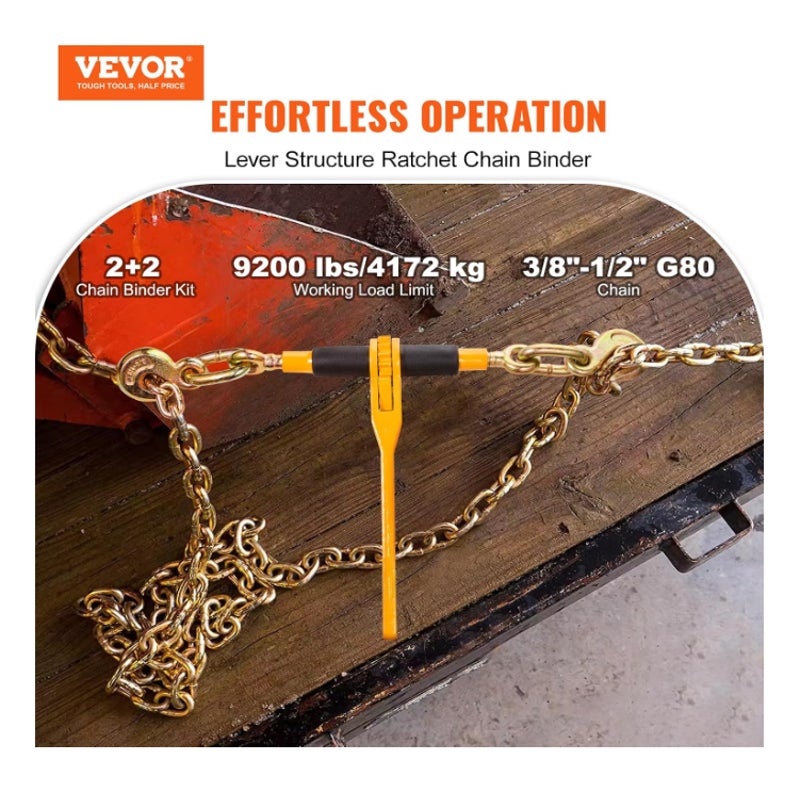 2 SET VEVOR Chain and Binder Kit, 3/8"-1/2" Ratchet Load Binders 9200 lbs Working Load Limit