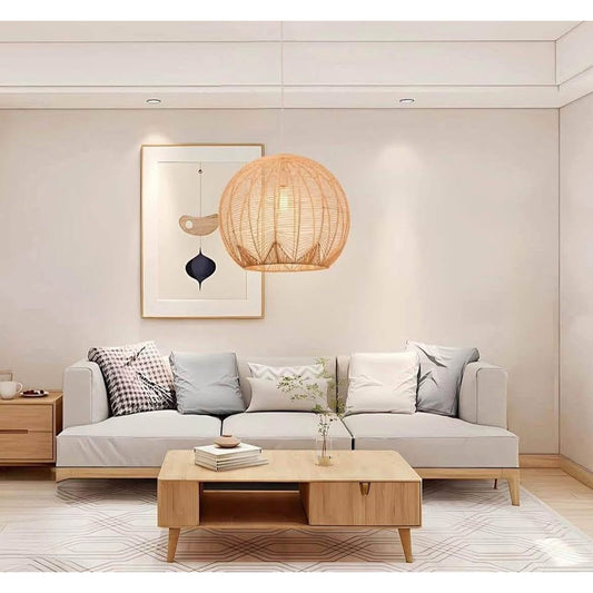 Light Rattan Chandelier Wicker Beige Pendant Light Boho Coastal Round Hanging Light Fixture for Kit