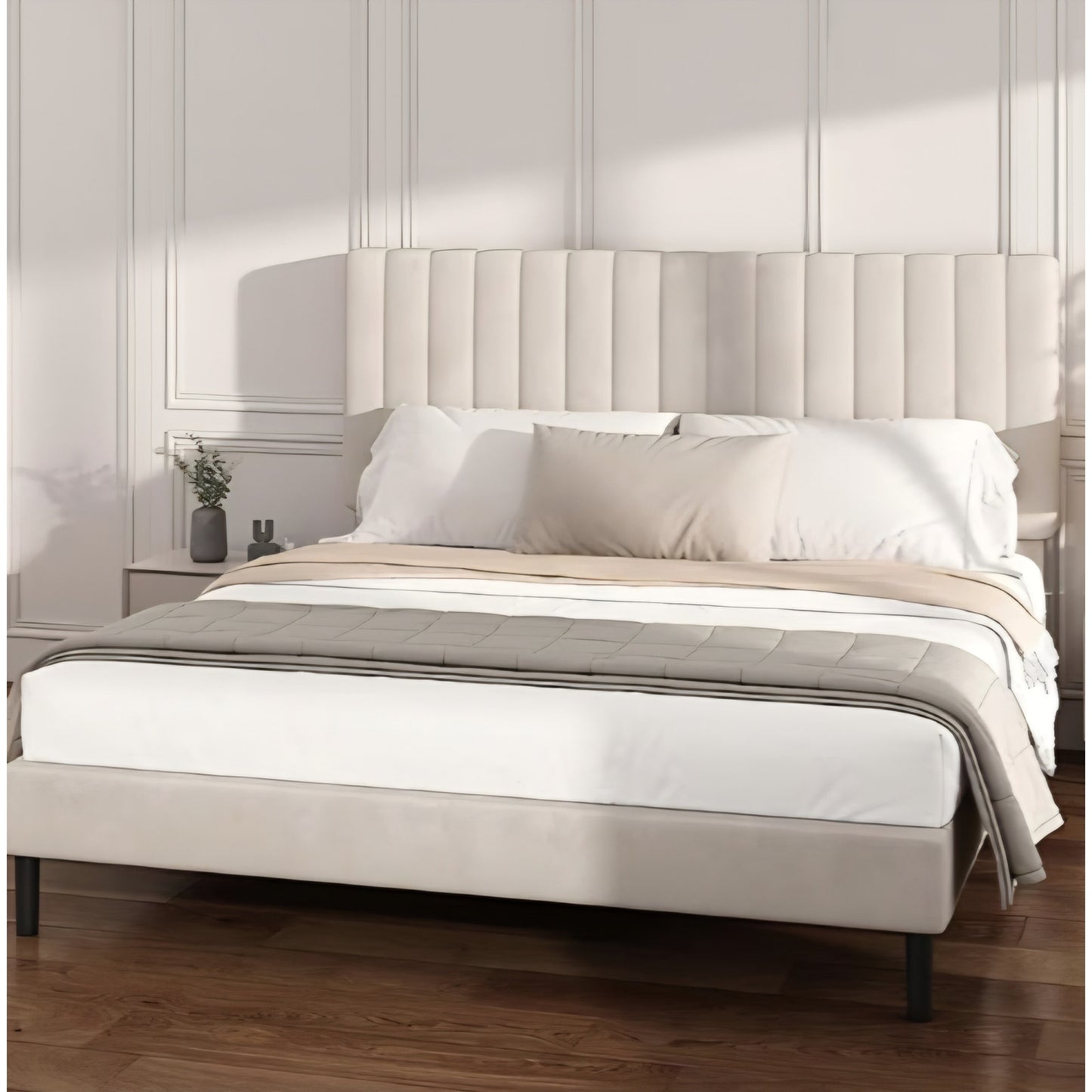 Queen Size Platform Bed Frame with Vertical Channel Tufted Headboard
